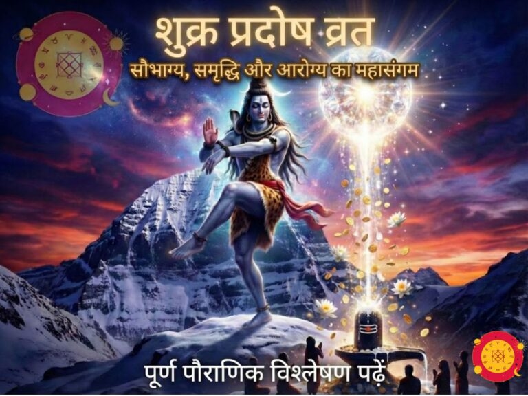 शुक्र प्रदोष व्रत पर कैलाश पर्वत पर भगवान शिव का आनंद तांडव और शुक्र ग्रह से शिवलिंग पर बरसती समृद्धि (सोने के सिक्के) दर्शाता हुआ इन्फोग्राफिक। Astrology Sutras लोगो के साथ।