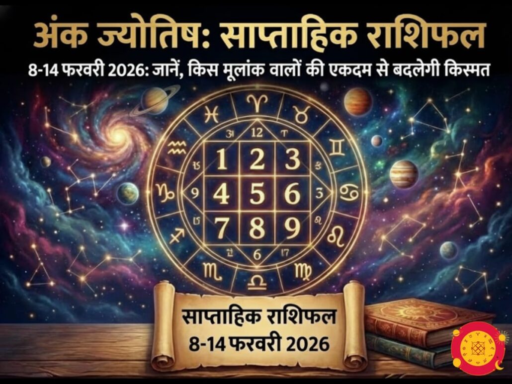 अंक ज्योतिष साप्ताहिक राशिफल 8-14 फरवरी 2026 पोस्टर: मूलांक 1 से 9 का भविष्यफल और उपाय (Weekly Numerology Horoscope)
