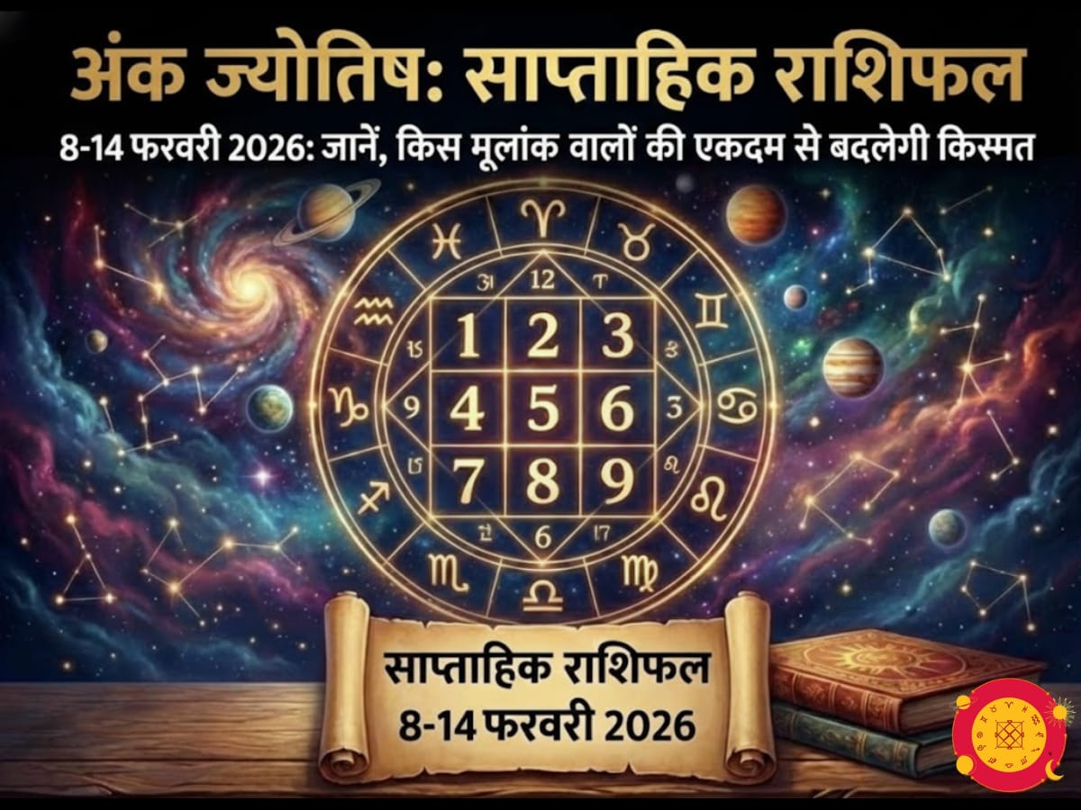 अंक ज्योतिष साप्ताहिक राशिफल 8-14 फरवरी 2026 पोस्टर: मूलांक 1 से 9 का भविष्यफल और उपाय (Weekly Numerology Horoscope)