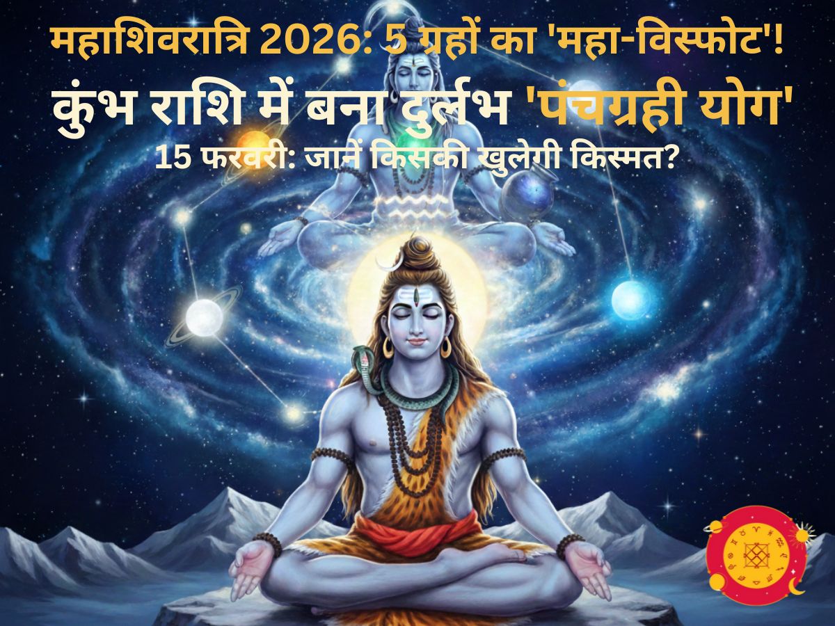 महाशिवरात्रि 2026 पोस्टर: भगवान शिव और कुंभ राशि में दुर्लभ पंचग्रही योग - Mahashivratri 2026 Panchgrahi Yoga Impact (Astrology Sutras)