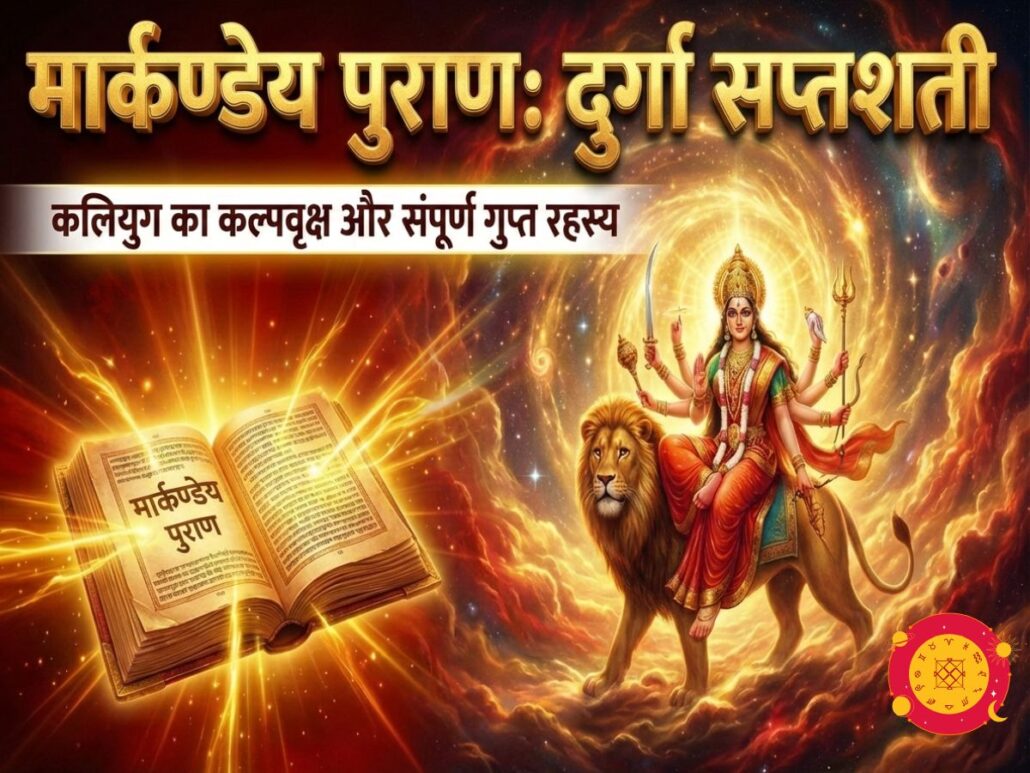 Markandeya Purana Durga Saptashati Secrets in Hindi - Maa Durga and Ancient Holy Book Graphic