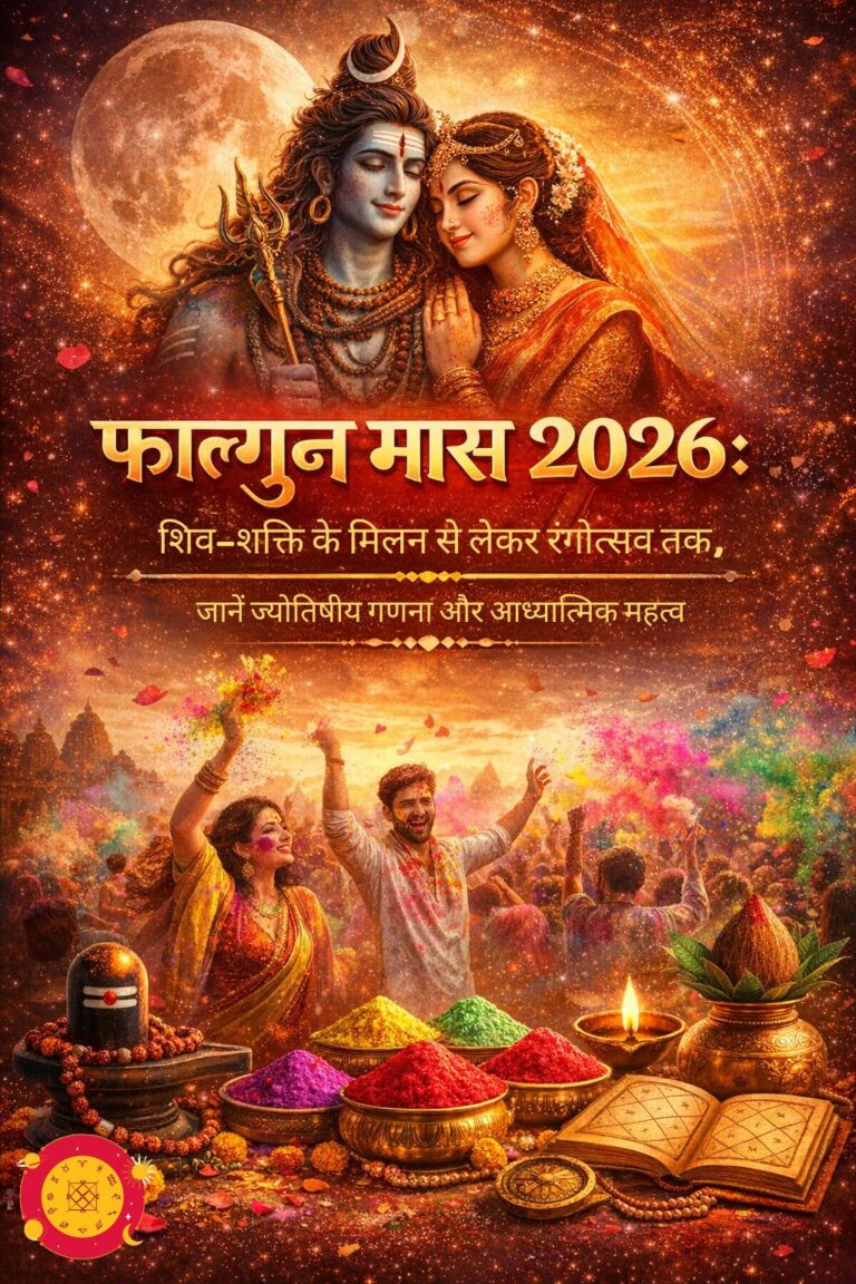फाल्गुन मास 2026: शिव-शक्ति (महाशिवरात्रि) और होली (रंगोत्सव) का ज्योतिषीय महत्व दर्शाती तस्वीर - Phalguna Maas 2026 Vrat Tyohar Image.