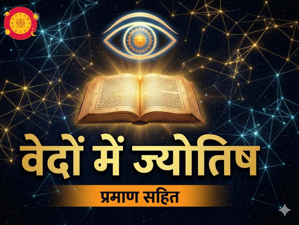 खुला हुआ वेद ग्रंथ जिसके ऊपर ब्रह्मांडीय आँख बनी है और टेक्स्ट लिखा है 'वेदों में ज्योतिष प्रमाण सहित' (Astrology in Vedas Cosmic Eye)