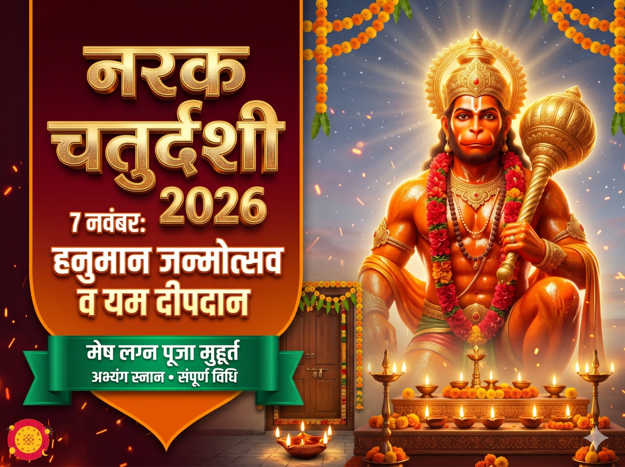 नरक चतुर्दशी एवं श्री हनुमान जन्मोत्सव 2026: 7 नवंबर को दुर्लभ महासंयोग, जानें शुभ मुहूर्त, यम दीपदान, अभ्यंग स्नान व संपूर्ण शास्त्रोक्त विधि